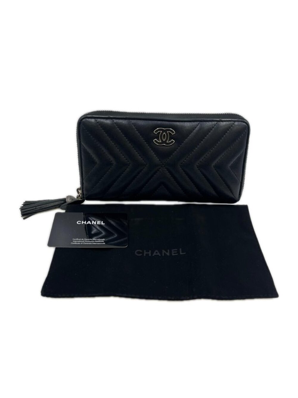 Chanel Wallet V-stitch CC Logo Tassel Charm Leather Black